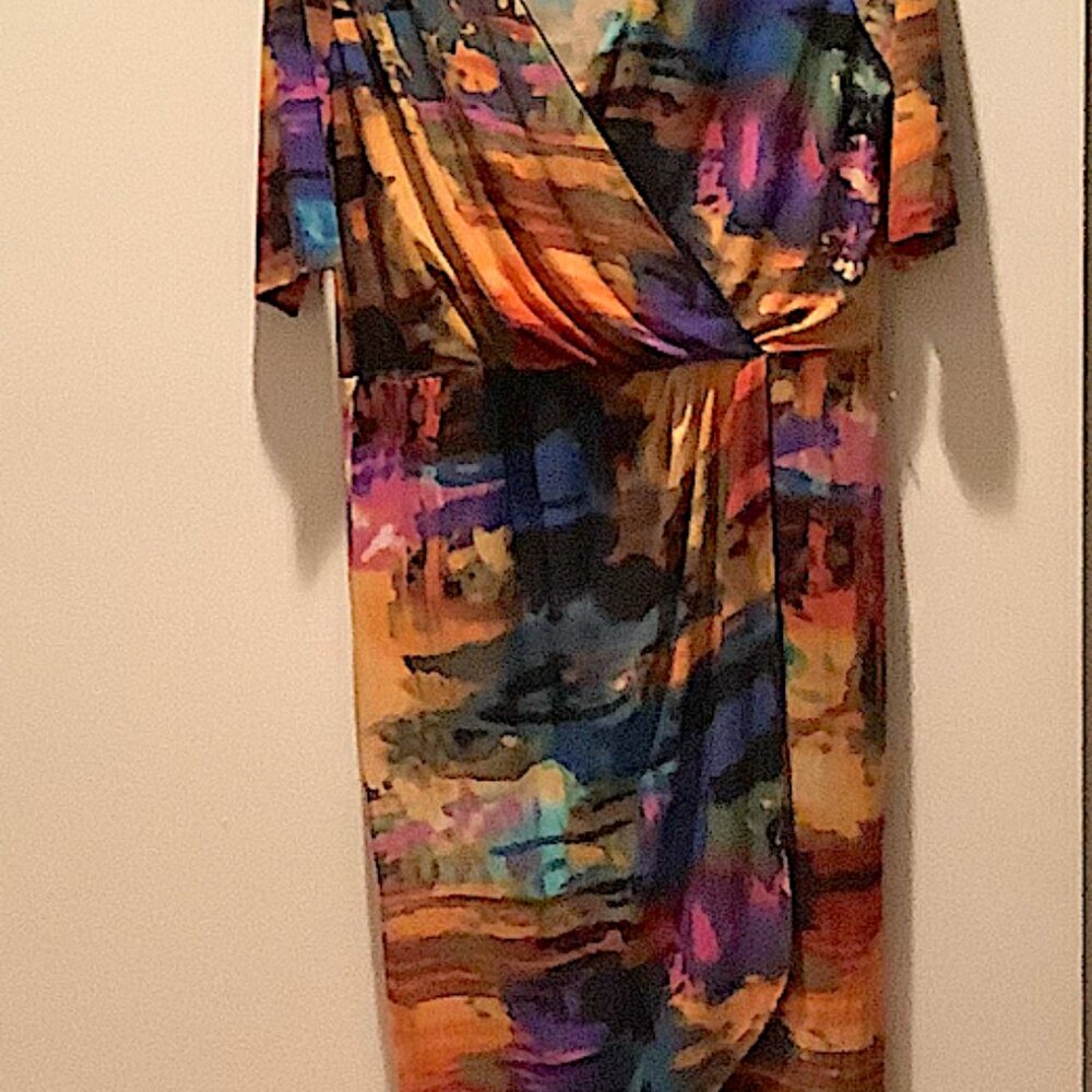 Nina Leonard, jewel-colors abstract wrap-around dress, Size L - Picture 2 of 10